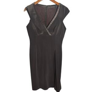 Tahari Brown Satin Sheath Dress Size 8 Sleeveless V Neck Career Midi